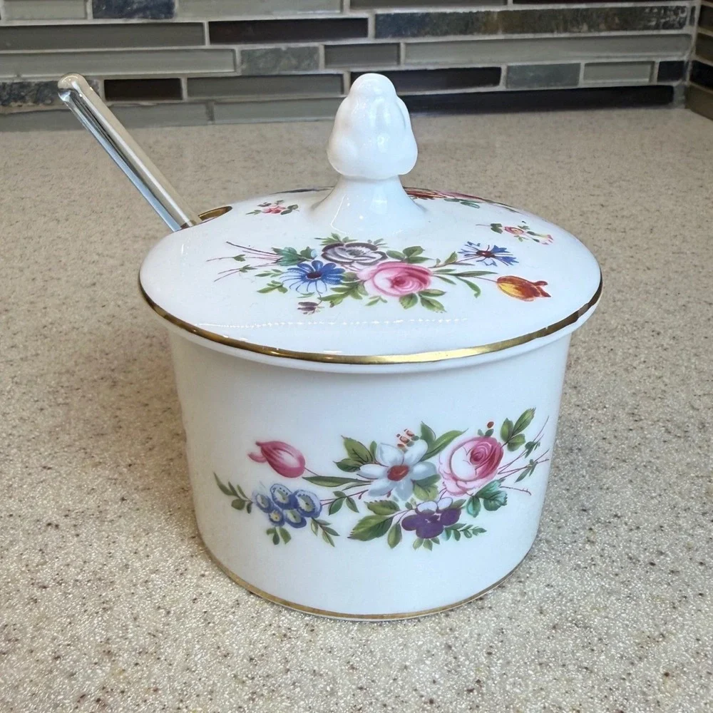 Vintage Minton Marlow Bone China Jam Pot w/ Lid & Glass Spoon Floral England